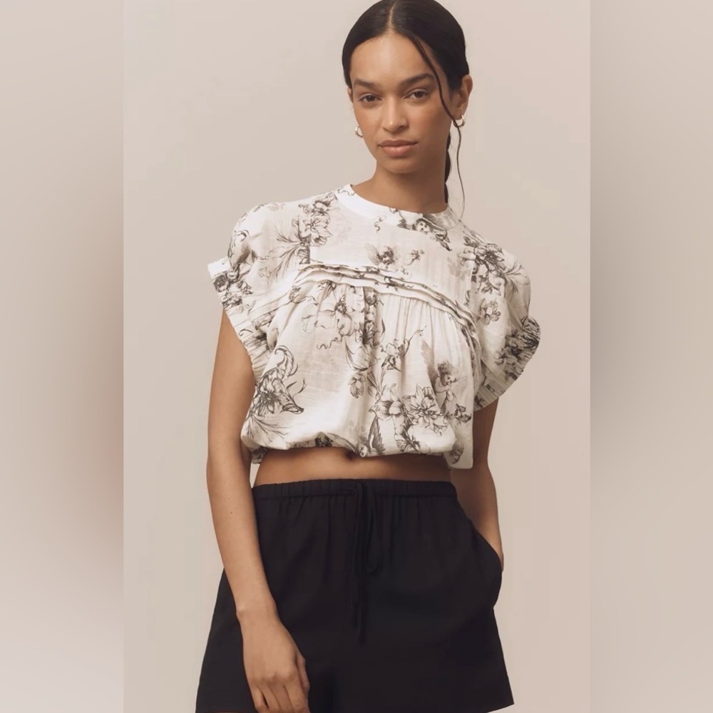Pilcro Anthropologie Print Ruffle Puff Sleeve Crop black/white XXS top NWT